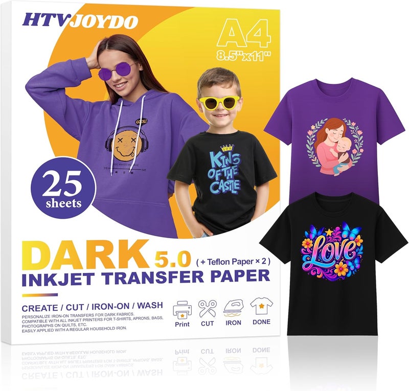 HTVJOYDO Iron-On Heat Transfer Paper for T-Shirts, 25 Sheets 8.5x11", Iron on Vinyl for Dark Fabric, Printable Heat Transfer Vinyl for Inkjet Printer, Perfect for Summer Crafts - Image 1